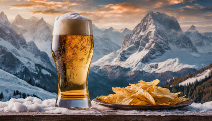 Mountain Munch Beer, Chips, and Alpine Tranquility - obrazy, fototapety, plakaty