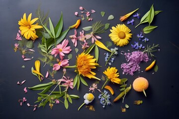 assorted tea leaves and flowers on a black slate background