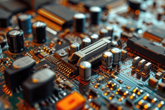 A detailed view of a computer motherboard. This image can be used to illustrate technology, computer hardware, or electronics concepts