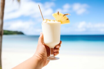 hand holding virgin pina colada with a beach backdrop under sunny skies