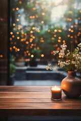 Wooden table spa bokeh background, empty wood desk product display mockup with relaxing wellness massage salon blurry abstract backdrop, body care cosmetic ads presentation. Mock up, copy space.