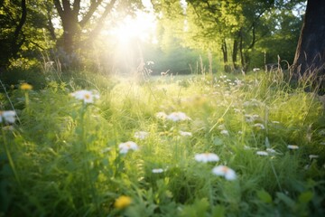 sunlight filtering through trees onto a small wildflower glade