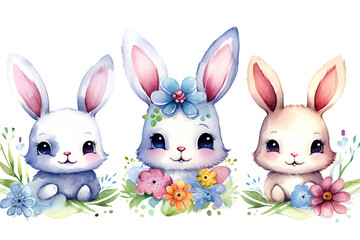 Three very cute, smiling funny Easter bunnies among spring flowers. Watercolor Easter card in pastel colors. Happy Easter concept.