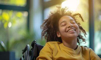 Young guy laughing and happy in his wheelchair, good mood of a disabled person