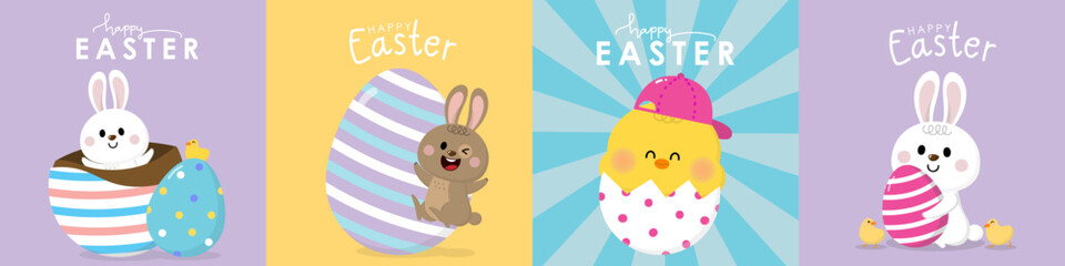 Happy Easter greeting card with cute white bunny and eggs. Rabbit character set. Animal wildlife holidays cartoon. -Vector.