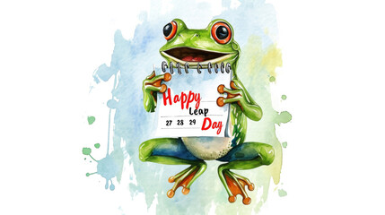 Leap day, one extra day, Leap year 29 February 2024 watercolor illustration. Cute Green Frog with calendar and text Happy Leap Day.