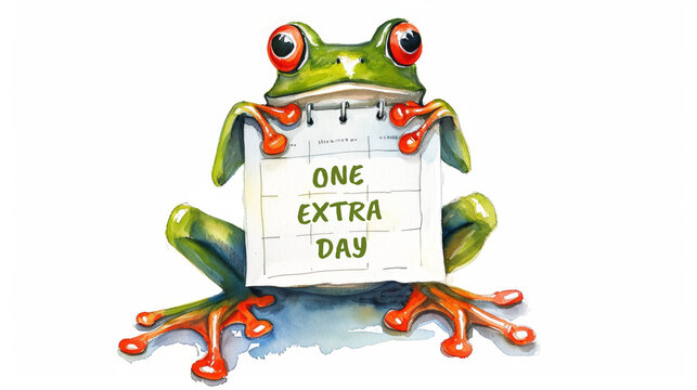 Leap day, one extra day, Leap year 29 February 2024 watercolor illustration. Cute Green Frog with calendar and text One Extra Day.