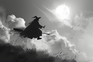 wizard flies on a broomstick over misty mountains,