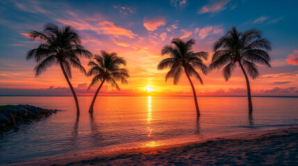 Vibrant Skies and Silhouetted Palms at Dusk