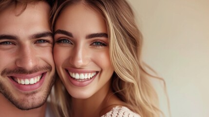Stylishly posed young Caucasian couple with radiant smiles in a studio setting.