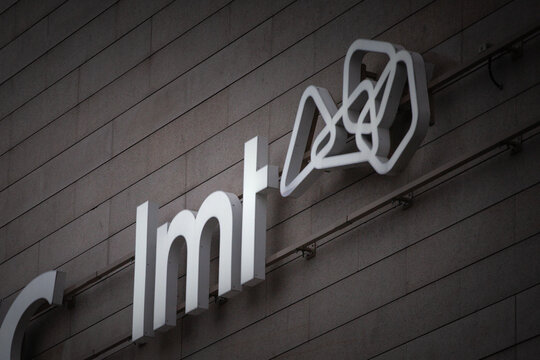 RIGA, LATVIA - AUGUST 25, 2023: LMT latvia logo on their office in Riga. LMT, Latvijas mobilais telefons, or Latvian mobile Telephone, , is a latvian telecommunications and mobile phone carrier.