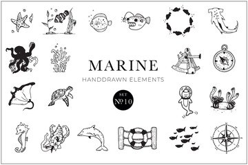 Handdrawn marine elements, Doodle nautical illustrations, Animals, Fish, Sea, Drawing, Illustration, Set, Collection, Ocean, Water