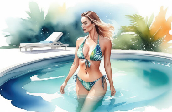 sexy caucasian woman standing in pool of hotel in bikini, watercolor illustration. summer leisure.