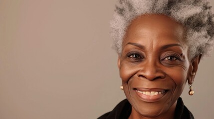 Beautiful portrait of a smiling senior with afro hair, wrinkles, and chic grey hair, set against a studio's light pink background. - obrazy, fototapety, plakaty