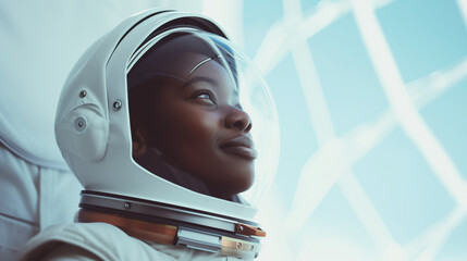 Young black african american female astronaut woman wearing a spacesuit and space helmet - obrazy, fototapety, plakaty