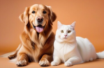 Happy sitting and panting Golden retriever dog and white cat looking at camera, Isolated on peach color background.pets day