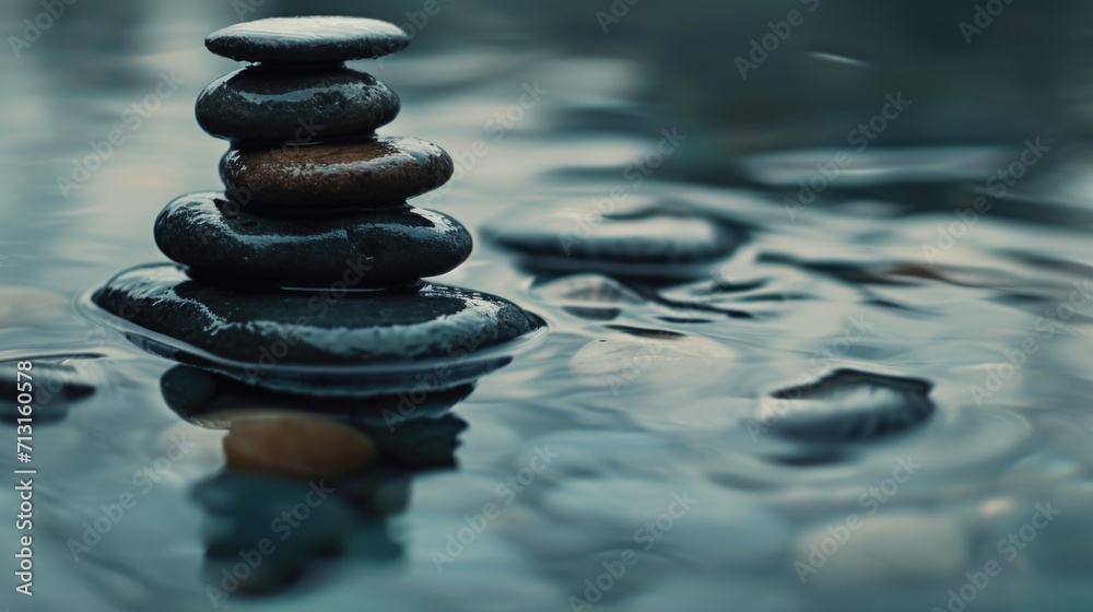 Poster a stack of rocks sitting on top of a body of water. can be used to represent balance, harmony, or tr