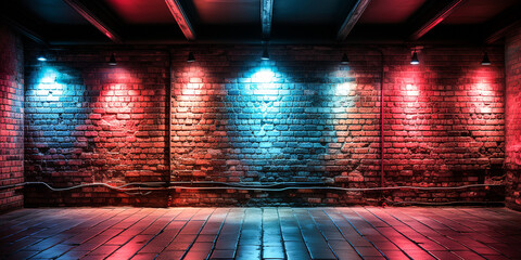 Empty space of Studio dark room black brick wall with red and blue lighting effect.