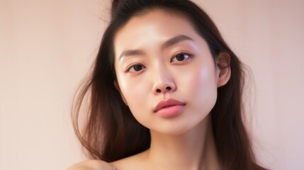 Naklejka premium Imperfect skin highlighted in a closeup portrait of an Asian lady.