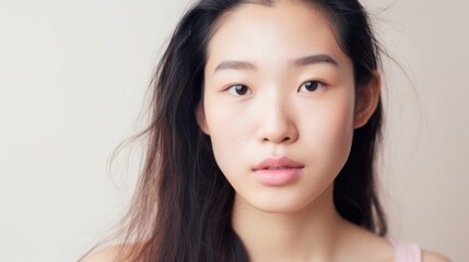 Naklejka premium Imperfect skin highlighted in a closeup portrait of an Asian lady.