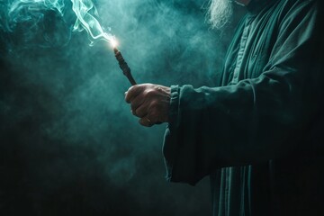 cloaked magician holds a wand that emits a blue glow and smoke