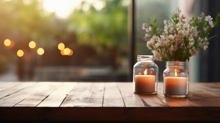 Wooden table spa bokeh background, empty wood desk product display mockup with relaxing wellness...