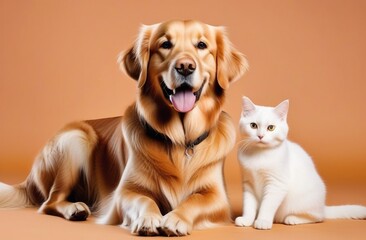 Happy sitting and panting Golden retriever dog and white cat looking at camera, Isolated on peach color background.pets day