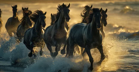 Fotobehang Running herd of horse herds along the seashore against the background of the setting sun © Alina Zavhorodnii