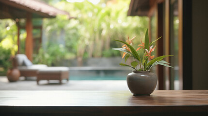 Wooden table pool bokeh background, empty wood desk product display mockup with blurry tropical hotel resort abstract poolside summer travel backdrop advertising presentation. Mock up, copy space.