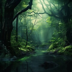 Mysterious green forest with a river flowing through it. Fantasy landscape. AI.