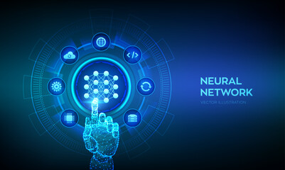 Neural network technology concept. AI. Artificial Intelligence. Machine Learning. Deep learning. Big data analysis. Wireframe hand touching digital interface. Vector illustration.