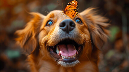 dog nose, butterfly on nose, happy, smiling, looking at butterfly