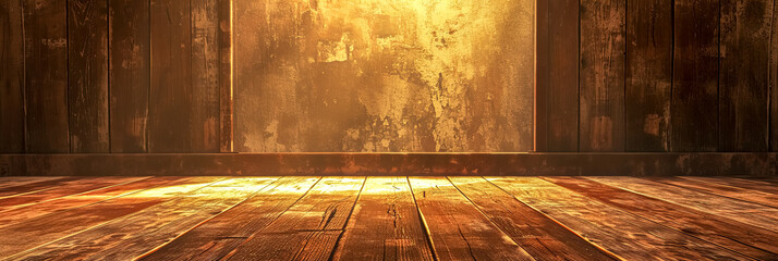 warm, golden glow of sunlight streaming across a rustic wooden floor and weathered wall, creating an atmosphere filled with nostalgia and warmth - obrazy, fototapety, plakaty
