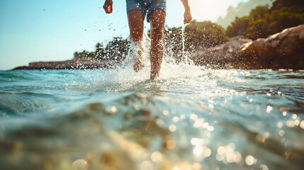 Low angle photography of a young man running or walking in sea, river or lake water on a sunny summer day. Youthful male person wearing shorts, splashing the water into air, ocean leisure activity - obrazy, fototapety, plakaty