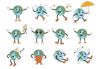 Earth in rubber hose style. Cute planet characters set isolated on white background. Retro mascots collections. Vector globe illustration