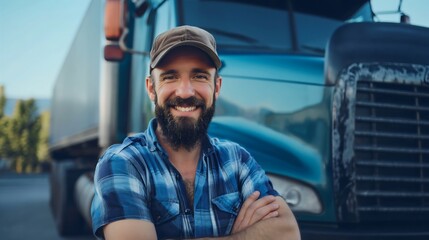 Mature adult man, bearded truck driver standing in front of the truck with the trailer, his arms are crossed, smiling and looking at the camera. Wearing a shirt and a hat. Trucking transportation job