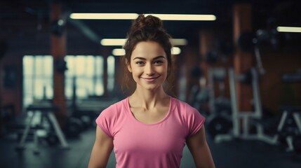 Fototapeta premium Beautiful young woman standing in the modern gym interior, smiling and looking at the camera. Youthful person wearing a pink t shirt, athletic healthy workout trainer, fit fitness lady athlete