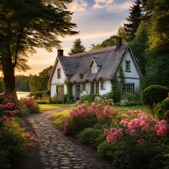 Fototapeta na wymiar Image of a fantasy cottage with flower garden, generative ai.