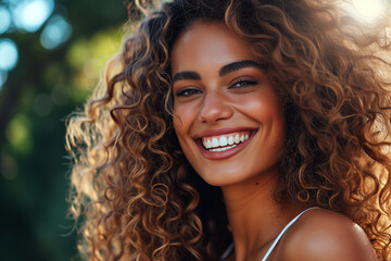 Radiant Woman with Curly Hair and Bright Smile