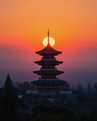 Naklejka premium Sun Aligning with Pagoda Roof