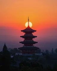 Papier Peint photo autocollant Pékin Sun Aligning with Pagoda Roof