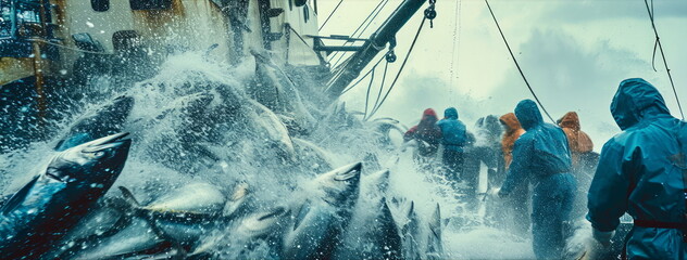 Off loading fresh caught Tuna fishes at harbor. Slight motion blur.  Northern ocean fishery, fishing industry.  - obrazy, fototapety, plakaty