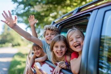 Fototapeta na wymiar Group of children waving from car window on a sunny day