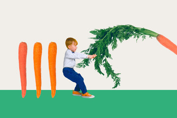 Composite collage image of funny cute little boy pulling carrot harvest gardening weird freak...