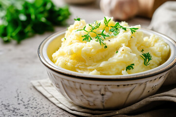 A bowl of homemade mashed potatoes topped with fresh herbs, captured in a bright, modern kitchen setting - 713165393
