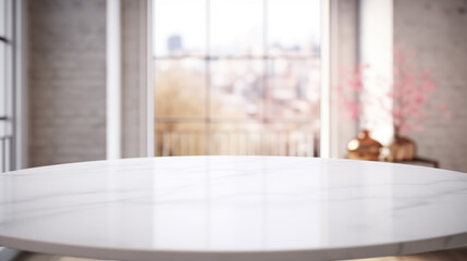 Modern Marble Tabletop with Blurred City View and Cherry Blossoms