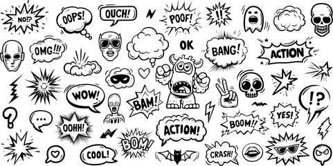 Fototapeta premium Set of hand drawn elements doodle comics isolated on white background. Speech bubbles with the words bam, boom, pow, poof, bang, crash