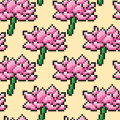 seamless pattern pixel pink lotus flower isolated on background