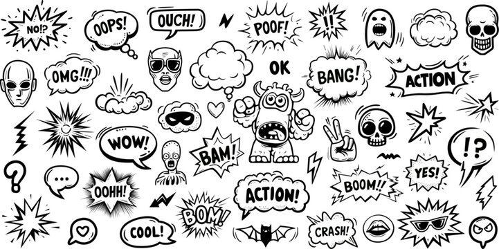  Set of hand drawn elements doodle comics isolated on white background. Speech bubbles with the words bam, boom, pow, poof, bang, crash