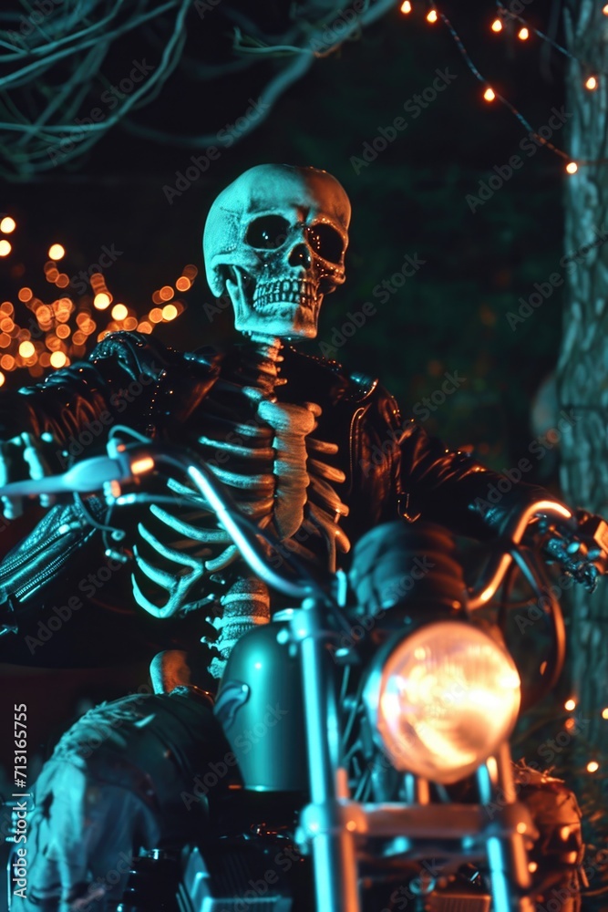 Poster a skeleton is pictured sitting on a motorcycle in the dark. this image can be used for various purpo